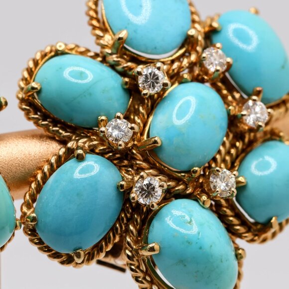 Vintage 18K Gold Family Heirloom Turquoise Diamond Clip On Earrings - Picture 10 of 16